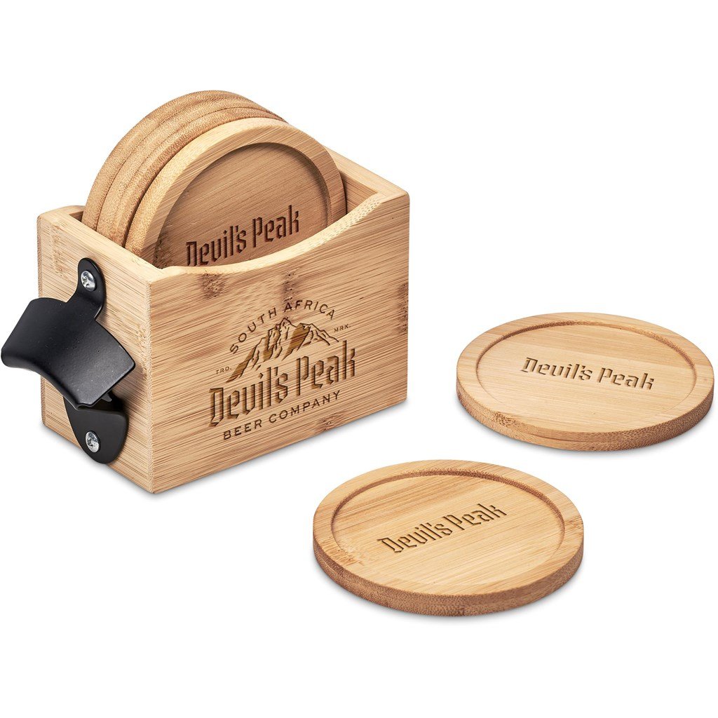 HL-OK-141-B Okiyo Kanpai Bamboo Coaster & Bottle Opener Set - Image 1